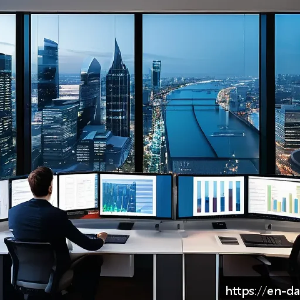 클라우드 기반 실시간 데이터 처리 파이프라인 솔루션 - A modern high-tech office environment showing diverse professionals collaborating around large trans...