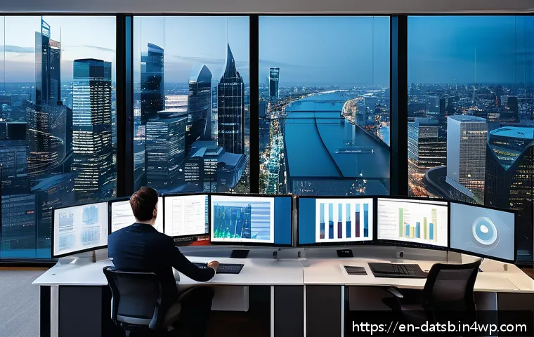 클라우드 기반 실시간 데이터 처리 파이프라인 솔루션 - A modern high-tech office environment showing diverse professionals collaborating around large trans...
