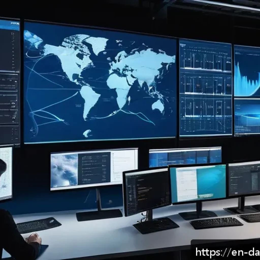 Spark Streaming을 이용한 실시간 데이터 처리 - A high-tech data engineering workspace featuring multiple large monitors displaying real-time Spark ...