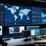 Spark Streaming을 이용한 실시간 데이터 처리 - A high-tech data engineering workspace featuring multiple large monitors displaying real-time Spark ...