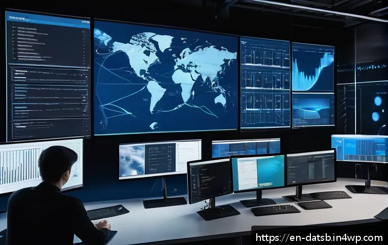 Spark Streaming을 이용한 실시간 데이터 처리 - A high-tech data engineering workspace featuring multiple large monitors displaying real-time Spark ...